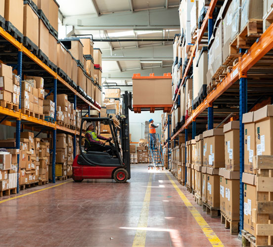 small forklift moving boxes